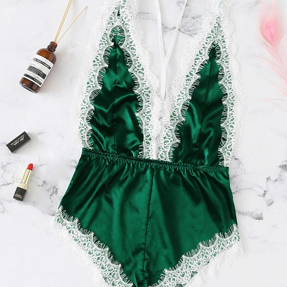 Lace Scallop Trim Backless CrissCross Satin Romper